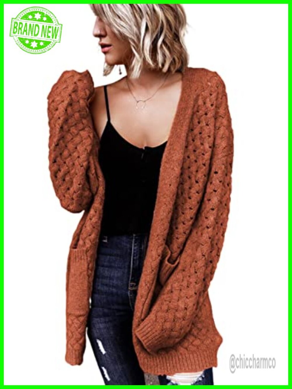 Cable Knit Chunky Cardigan Open Front Long Sleeve Sweater with Pockets